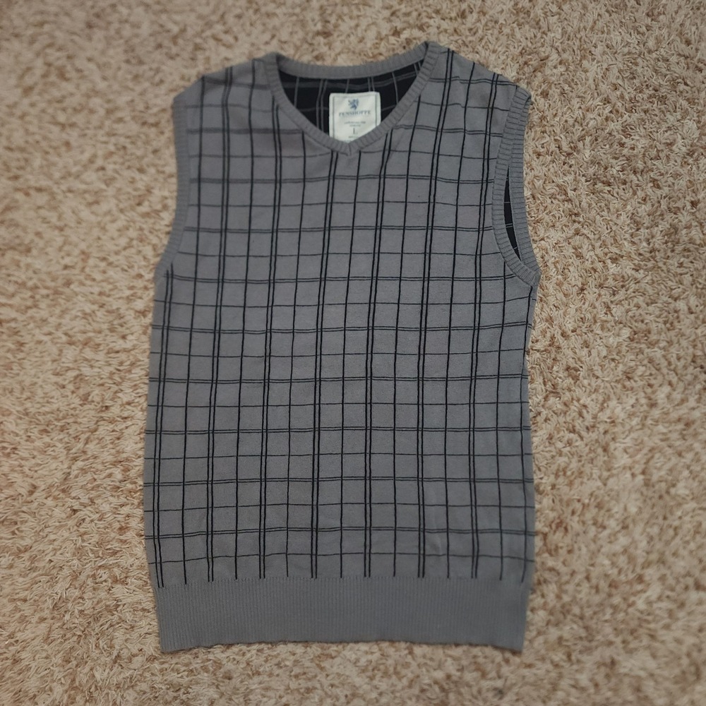 Penshoppe‎ Sweater Vest Mens Large Grey Black Windowpane Check V-Neck Cotton